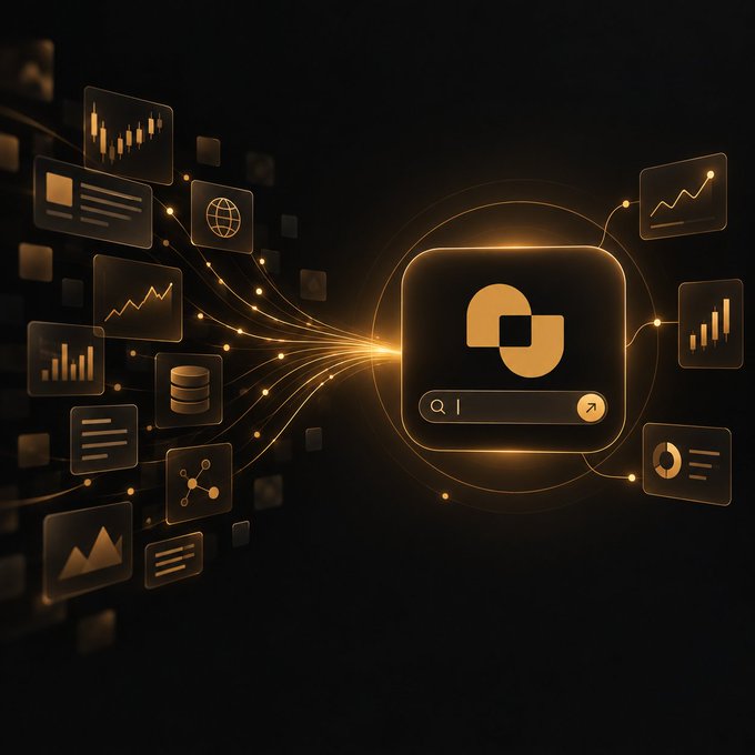 A stylized digital graphic showing a central data icon connected by glowing lines to various floating UI elements representing charts, graphs, and data structures.