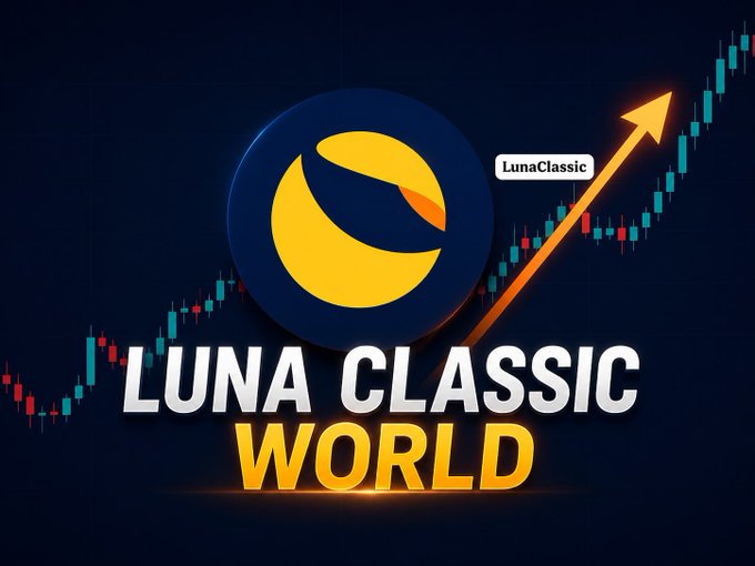 A promotional graphic featuring the 'LUNA CLASSIC' cryptocurrency logo with an upward-pointing orange arrow over a candlestick chart, and the text 'LUNA CLASSIC WORLD' in bold white and yellow lettering.