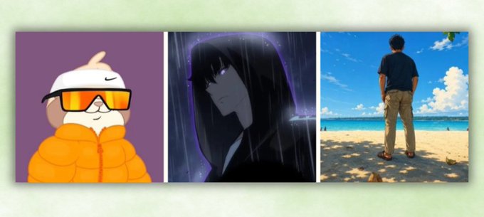 A triptych of three images: a cartoon hamster wearing orange sunglasses and a puffy jacket, an anime character with a hood in dark rainy setting, and an anime-style person standing on a sunny beach.