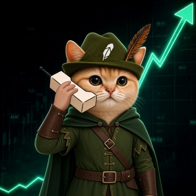 A digital illustration of an adorable orange cat dressed as Robin Hood in a green tunic, cape, and feathered hat, holding an early mobile phone to its ear, with a green upward-trending stock chart in the background.