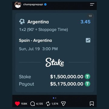 The image shows an Instagram post from "champagnepapi" (Drake) displaying a sports bet on the Stake app predicting Argentina to win 1x2 against Spain in a match scheduled for Sunday, July 19 at 3:00 PM, with a stake of $1,500,000.00 and potential payout of $5,175,000.00. The accompanying caption humorously references "Drake's Curse," suggesting his public bet may jinx Argentina's chances of winning—turning what should be excitement at reaching the World Cup final into anxiety instead.