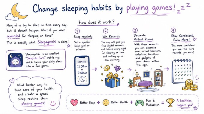 A whiteboard displays a flowchart for changing sleeping habits, with six steps and illustrations of sleep-related activities such as reading, gaming, and relaxation.