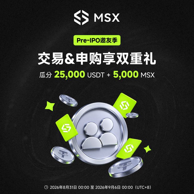 Promotional graphic for MSX Pre-IPO event offering 25,000 USDT and 5,000 MSX rewards for trading and subscribing, valid from August 31 to September 6, 2026 (UTC+8).