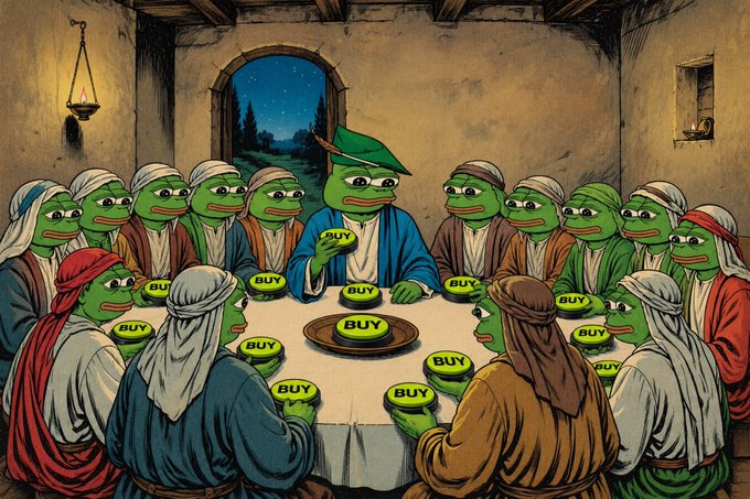 A creative parody image styled like "The Last Supper" painting, featuring green Pepe the Frog characters seated around a table, each holding a yellow button labeled "BUY" as food.