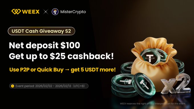 ursd cash giveaway advertisement for Weex, featuring a gold-colored bag of coins and the text "URSD Cash Gift" with a deadline of February 2nd, 2023.