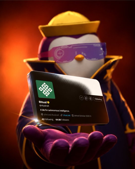 A 3D-rendered penguin character wearing a yellow cap and purple sunglasses holds up a floating digital card showing the Ritual crypto project's social media profile with 64.6K followers.