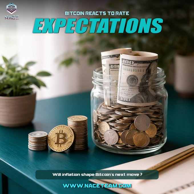 A gold Bitcoin token sits on a desk beside stacks of coins and a glass jar filled with cash, with the overlay text "Bitcoin Reacts to Rate Expectations" and the tagline "Will inflation shape Bitcoin's next move?" from naceteam.com, visually tying the cryptocurrency to traditional fiat savings and questions about monetary policy.