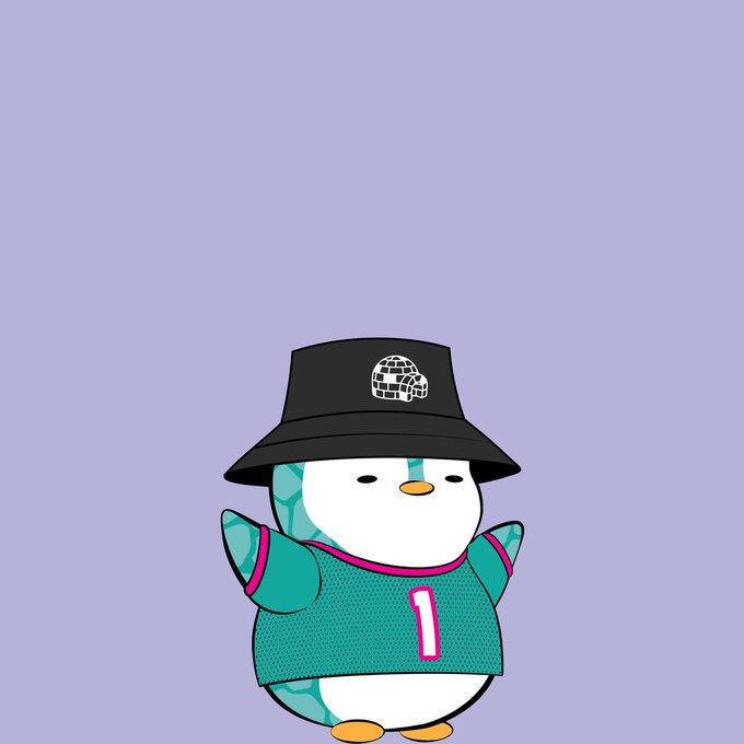 A cartoon penguin character wearing a black bucket hat with a globe logo and a teal jersey with the number '1' stands against a purple background.