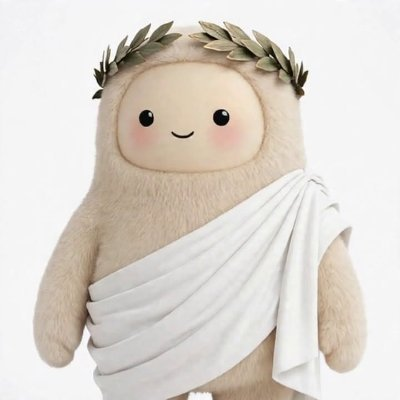 A cute plush toy character with a smiling face, wearing a green laurel wreath and draped in a white toga-like cloth.