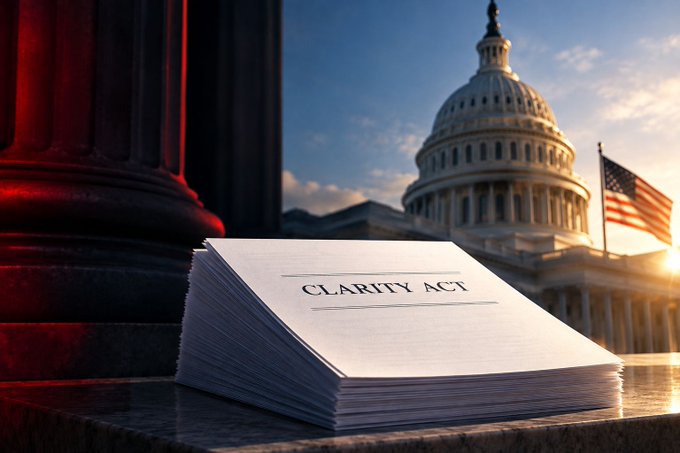 A stack of papers labeled 'CLARITY ACT' rests on a stone surface with the U.S. Capitol building and American flag visible in the background.
