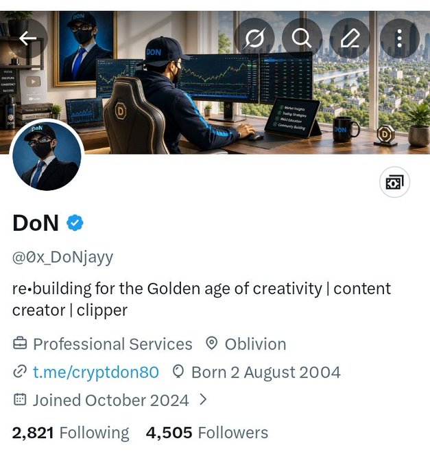The image features a social media post about a person named Donny, who has reached 4.5K followers. The post includes a photo of Donny sitting at his desk with a laptop, surrounded by various items such as a cup, a keyboard, and a mouse. There is also an image of the city skyline in the background. The post congratulates Donny on reaching this milestone and mentions that he has been working on building content for the Golden age of creativity (defined as content creator) since January 2004.
