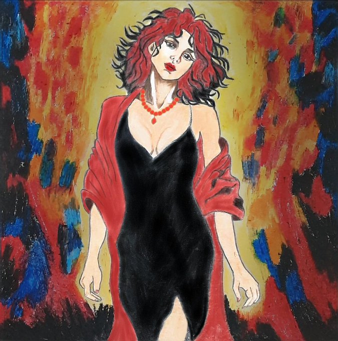 A painted portrait of a woman with curly red hair wearing a black dress and red shawl, set against an abstract background of vibrant reds, blues, and yellows.