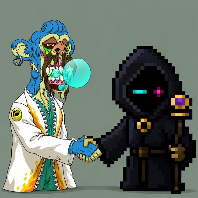 A cartoon illustration of a blue-furred, bearded character in a lab coat blowing a bubble, shaking hands with a pixelated dark hooded figure holding a staff.