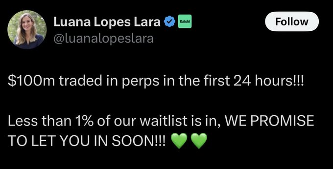 The focus of this image appears to be a social media post by the user Luis Lopez Lara, who is sharing information about trading platforms that allow users to trade up to $100 million in perps within the first 24 hours. The text in the post promotes the idea of investing immediately after launching and mentions two traders named KALSHI FOUNDER, who has posted this message. It appears that the main selling point for these trading platforms is the quick turnaround time offered by being able to trade $100 million up front within the first 24 hours.