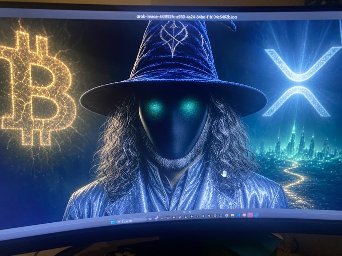 A computer monitor displays a digital wizard in a blue pointed hat with glowing green eyes, flanked by a golden Bitcoin "B" symbol on the left and a glowing blue XRP logo on the right. The image visually echoes the post's cryptic "wizard" theme—evoking the Bitcoin genesis block (January 2009) and hinting at the intertwined, mysterious origins of both Bitcoin (Katz/Schwartz) and XRP's creator David Schwartz.