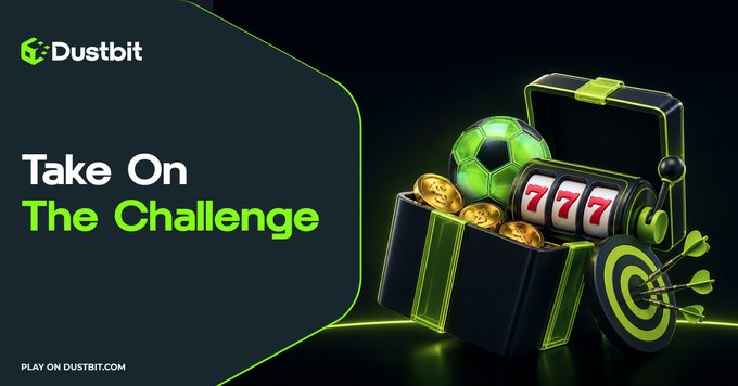 Promotional banner for Dustbit featuring a treasure chest overflowing with gold coins, a soccer ball, a "777" slot machine, and a target with darts, alongside the text "Take On The Challenge" and a prompt to "PLAY ON DUSTBIT.COM," visually representing the gaming and reward opportunities highlighted in the tweet.