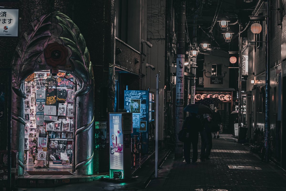 A moody, atmospheric photograph of a narrow Tokyo alleyway at night, illuminated by neon signs and hanging lanterns, featuring a quirky shop entrance framed by a sculpted green leafy archway.