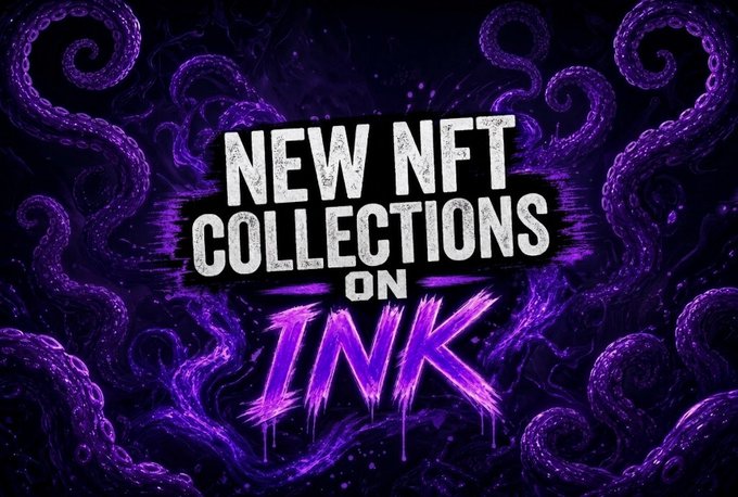 A bold promotional graphic features "NEW NFT COLLECTIONS ON INK" in striking white and dripping purple text, set against a dark background with swirling purple tentacles and ink splatters. The image visually announces the rising NFT activity on Ink On Chain, aligning with the post's theme of exploring emerging collections on the platform.