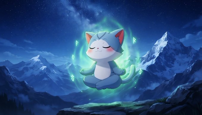 An illustration of a small, blue-and-white cartoon cat meditating in a lotus position, surrounded by glowing green runes against a starry night sky and snowy mountains.