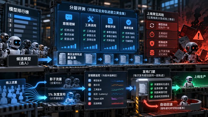 A detailed Chinese-language infographic illustrating an AI model evaluation and deployment pipeline, featuring robot mascots, model ranking, business scenario modeling, full-chain monitoring, and automated rollback systems with green checkmarks indicating key metrics.