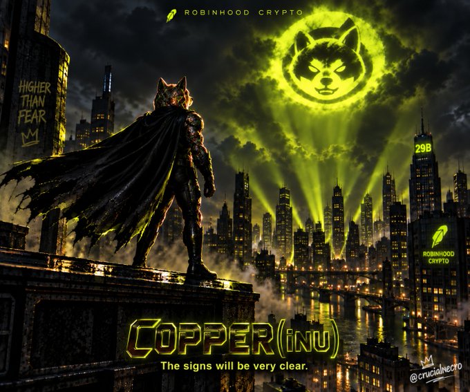 A promotional image for 'COPPER (INU)' cryptocurrency featuring a masked figure with a cape standing on a rooftop overlooking a neon-lit city, with a dog-like logo in green sky and 'HIGHER THAN FEAR' graffiti, branded with Robinhood Crypto and 29B.