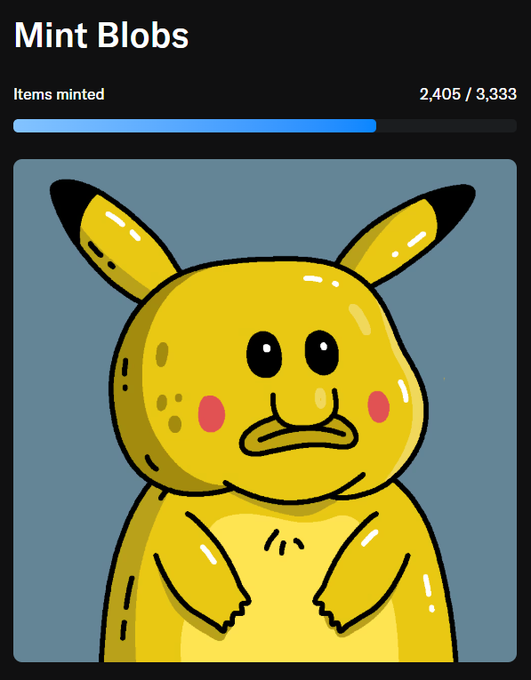 A 'Mint Blobs' NFT minting screen showing 2,405/3,333 items minted, featuring a cartoon illustration of a worried-looking yellow creature.