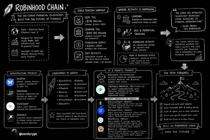 A detailed infographic titled 'ROBINHOOD CHAIN: The On-Chain Financial Ecosystem Built for the Future of Finance' by @zordcrypt, outlining DeFi TVL, lending, DEX activity, memecoin activity, infrastructure projects (Morpho, Meridian, Hoodswap, Arakis), launchpads, AI & Agentic Finance, and the path forward.