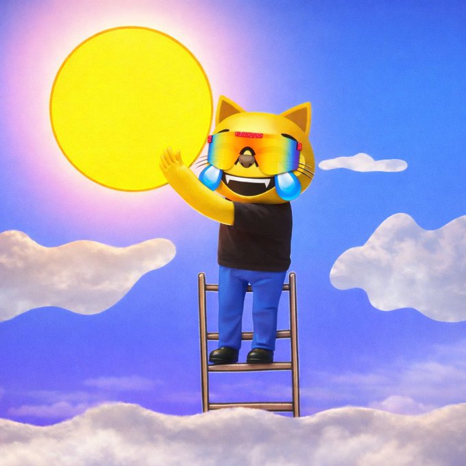 The image features a cartoon cat wearing sunglasses, standing on top of a ladder with its arms outstretched towards the sky. The background shows a bright yellow sun, which appears to be the center of attention in the scene. The caption "$MOG moon soon" is written below the image, suggesting that it might be related to an event or promotion involving the MOG moon.
