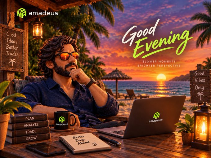 A promotional image for 'amadeus' featuring a bearded man with sunglasses at a beachside table with a laptop, mug, and notebook; text reads 'Good Evening', 'SLOWER MOMENTS BRIGHTER PERSPECTIVE', and 'Good Ideas Better Trades'.