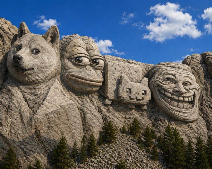 A mountainside carved with four large meme faces: Doge, Pepe, the Nyan Cat pixel cat, and a classic trollface grin.