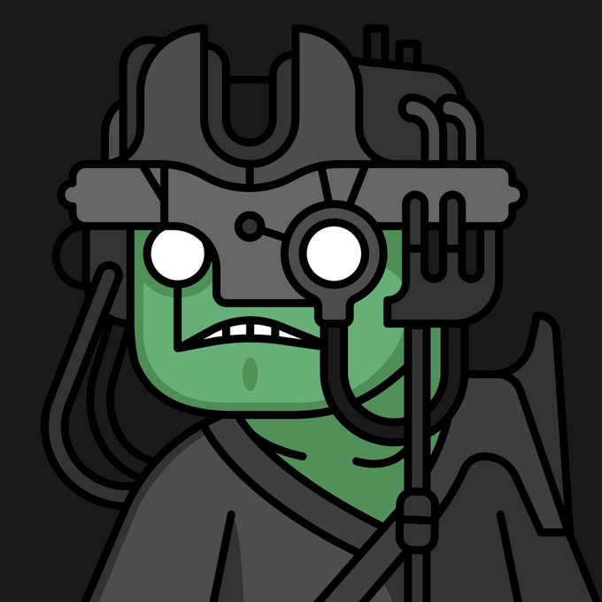 A digital drawing of a green-skinned cyborg character with a metallic helmet and glowing white eyes stands against a dark background.