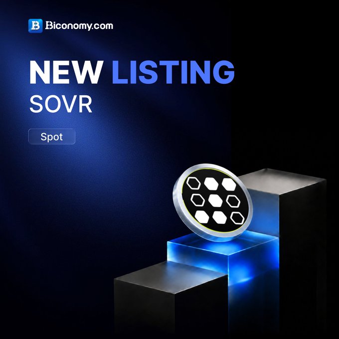 Biconomy.com announces a new spot listing for $SOVR (Sovren), featuring the project's hexagonal-themed token logo prominently displayed on illuminated cubes against a dark blue background, with "To be determined" noted for the official spot trading pair ($SOVR/#USDT) launch date.