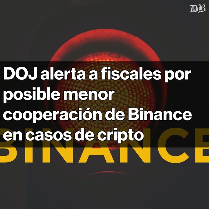The image features a news graphic from "DB" (Decrypt/Bloomberg-style) with a red microphone and the Binance logo in gold, overlaid with Spanish text reading "DOJ alerta a fiscales por posible menor cooperación de Binance en casos de cripto" (DOJ warns prosecutors about possible reduced cooperation from Binance in crypto cases), illustrating the headline's warning about Binance potentially limiting its assistance in criminal crypto investigations.