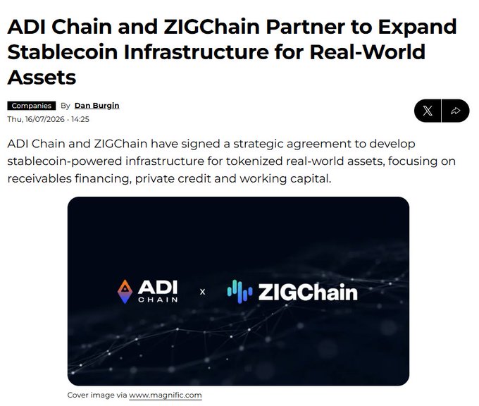 A news article headline reading 'ADI Chain and ZIGChain Partner to Expand Stablecoin Infrastructure for Real-World Assets' by Dan Burgin, dated Thu, 16/07/2026, featuring a graphic with the ADI Chain and ZIGChain logos.