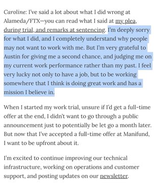 A screenshot of a Substack post by Caroline (former Alameda/FTX CEO) includes a highlighted apology stating, "I'm deeply sorry for what I did, and I completely understand why people may not want to work with me," as she announces her new full-time role at Manifund.
