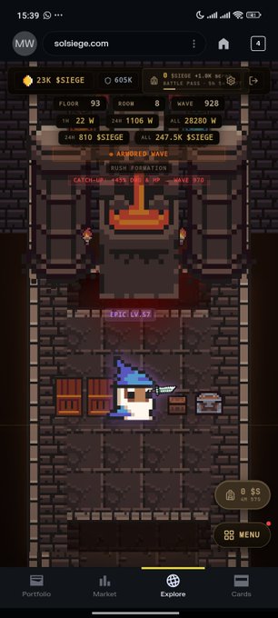Screenshot of solsiege.com, a pixel-art mobile game showing dungeon exploration stats including 23K $SIEGE, 605K, and a 'RUSH FORMATION' notice.