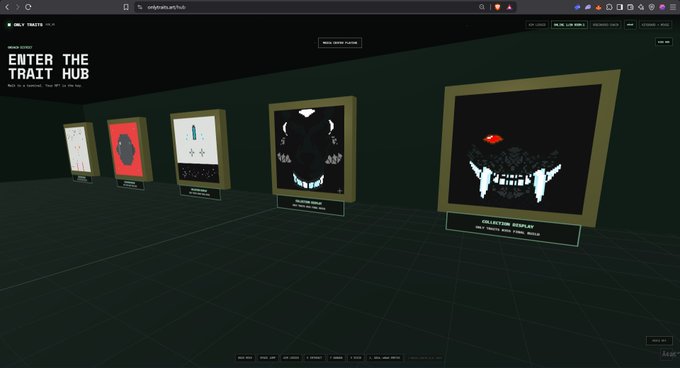 A screenshot of a web interface titled 'ENTER THE TRAIT HUB' displays various framed digital collectibles or NFT artworks arranged in a gallery view.