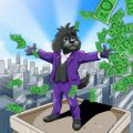 A rugged character wearing a purple suit stands atop a building holding cash with "Dip" written in the background. The image visually reinforces the message "dips are for buying," encouraging investors to purchase assets during market downturns.