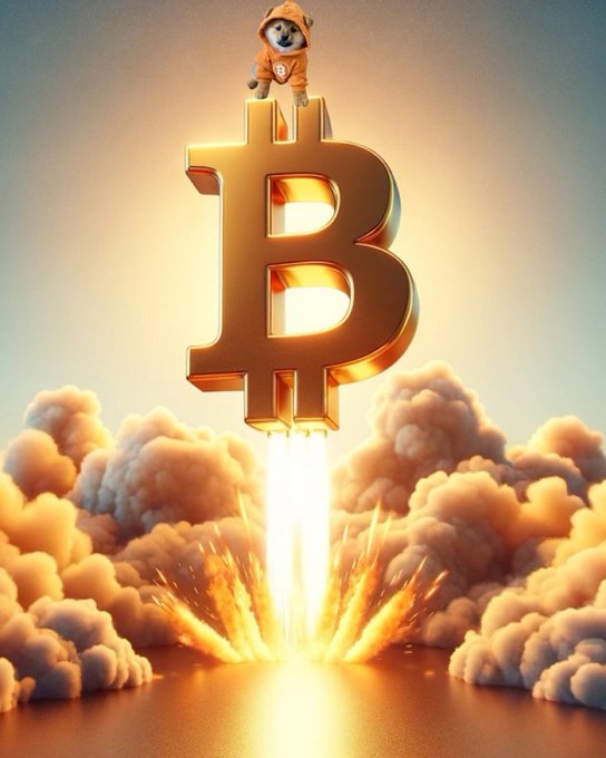 A digital artwork depicting a Shiba Inu dog in an orange hoodie riding a giant golden Bitcoin symbol as it launches skyward like a rocket with flames and clouds below.