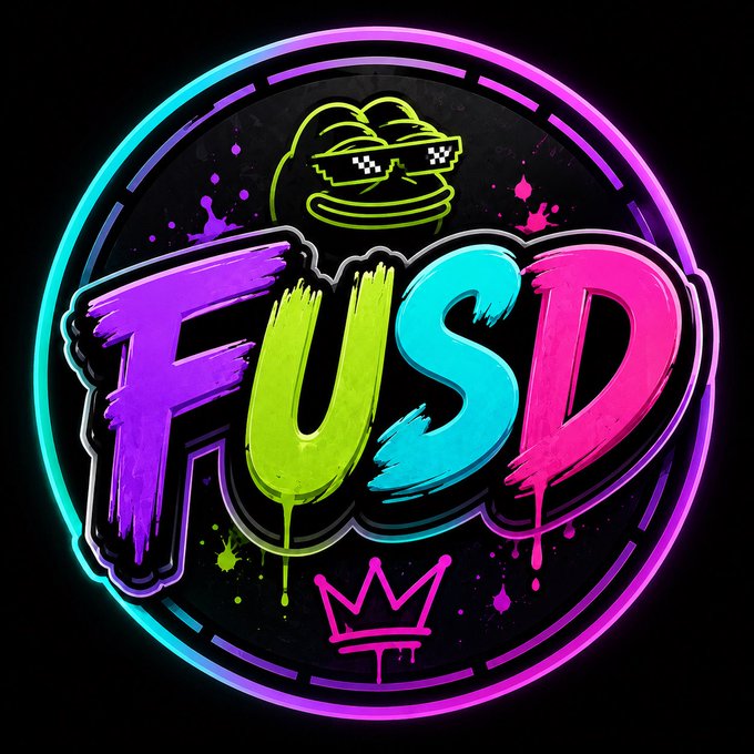 A vibrant graffiti-style neon logo featuring the word 'FUSD' in colorful dripping paint (purple, green, blue, pink) with a cartoon frog wearing pixelated sunglasses above it and a pink crown below.