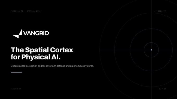 The image shows a dark landing page for **VanGrid**, featuring their logo (a triangular icon) and the tagline **"The Spatial Cortex for Physical AI,"** with a subtitle describing it as a **"Decentralized perception grid for sovereign defense and autonomous systems."** A radar-like concentric circle graphic appears on the right side, with small text reading "PHYSICAL AI | SPATIAL DATA" in the corner.

The image directly illustrates the post's claim about the data bottleneck in Physical AI—VanGrid's "Spatial Cortex" positions itself as the decentralized capture network that turns everyday devices into the on-demand spatial data grid robots need to learn real-world environments like loading bays, stairwells, and warehouses.