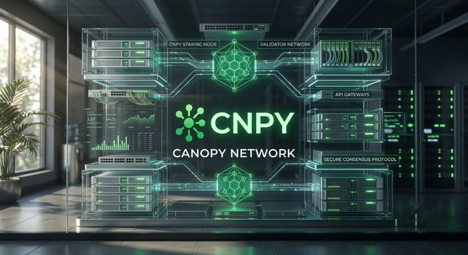 A futuristic data center display showcasing CNPY (Canopy Network) with glowing green holographic interfaces labeled 'CNPY STAKING NODE', 'VALIDATOR NETWORK', 'API GATEWAYS', and 'SECURE CONSENSUS PROTOCOL' against server racks.