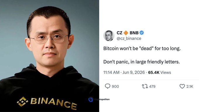 The image features a man wearing glasses, possibly an Asian male, with his face displayed prominently against a blue background. The main focus of the image is a post that includes a photo of the man along with some text. The text reads "Bitcoin won't be 'dead' for long. Don't panic, in large quantities." This message seems to be related to Bitcoin and its value or popularity. The post also mentions that Changpeng Zhao has tweeted about this topic.