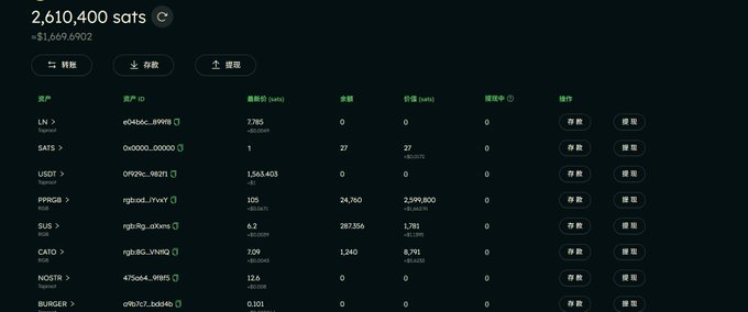 A cryptocurrency portfolio dashboard showing a total balance of 2,610,400 sats (~$1,669.6902), listing assets including LN (7,765 sats), SATS, USDT, PIPI6900, SUS, CATO, NOSTR, and BURGER with their respective balances.