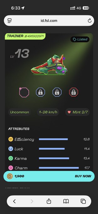StepN app screenshot showing a Level 13 Uncommon colorful Trainer sneaker NFT priced at 1,900, with attributes Efficiency 12.8, Luck 11.4, Karma 13.4, and Charm 11.7.