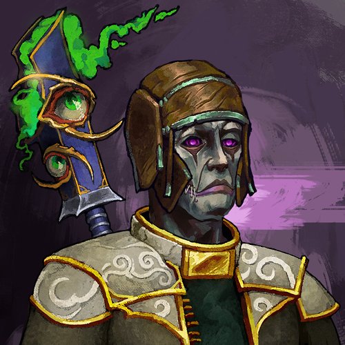 A digital illustration of a fantasy character with pale grey skin, glowing purple eyes, and a brown leather headpiece, holding a dark staff topped with green gems and green smoke.