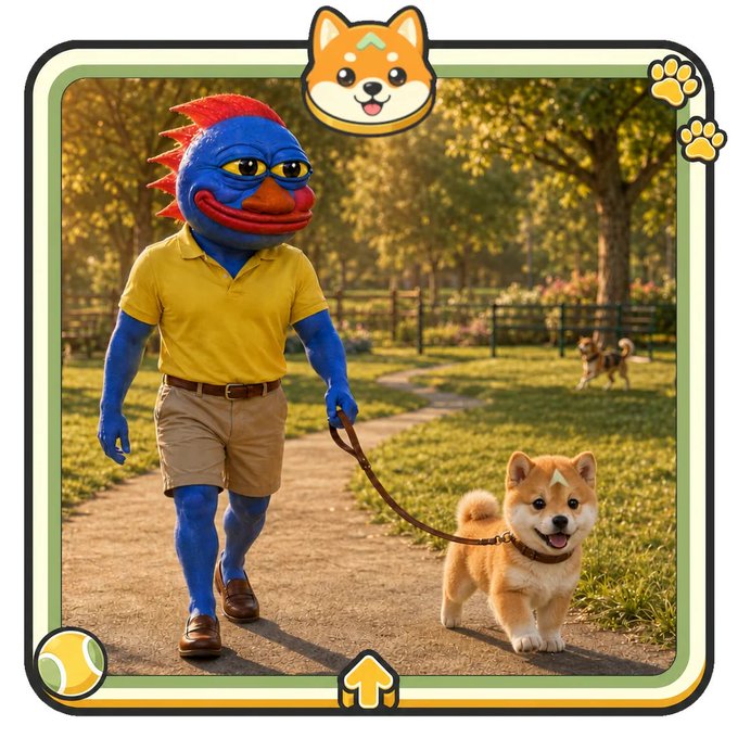 A stylized image of a blue character with a red mohawk walking a Shiba Inu dog in a park, framed with cartoon stickers.