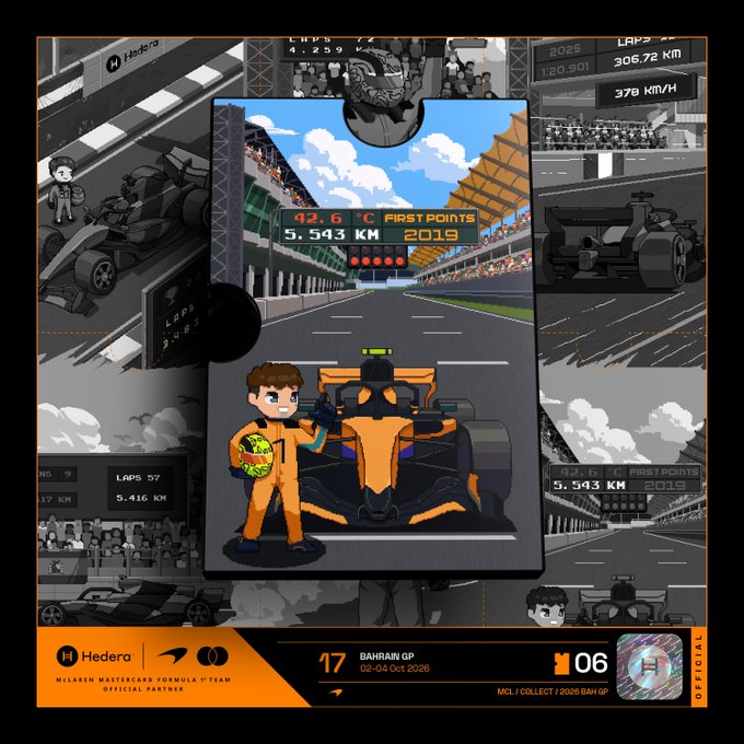 A digital Formula 1 collectible NFT features a cartoon driver next to an orange McLaren race car on a track, with text reading 'Hedera McLaren Mastercard Formula 1 Team Official Partner,' 'BAHRAIN GP 02-04 Oct 2026,' and 'MCL / COLLECT / 2026 BAH GP #06.'