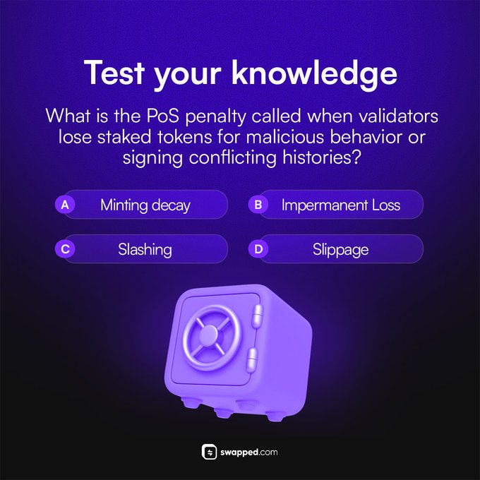 A purple-themed quiz card from swapped.com titled "Test your knowledge" asks about the Proof-of-Stake (PoS) penalty for validators who lose staked tokens due to malicious behavior or signing conflicting histories, offering four answer choices: A) Minting decay, B) Impermanent Loss, C) Slashing, and D) Slippage. The image features a 3D illustration of a purple safe and directly corresponds to the post's question, with the correct answer being C) Slashing.