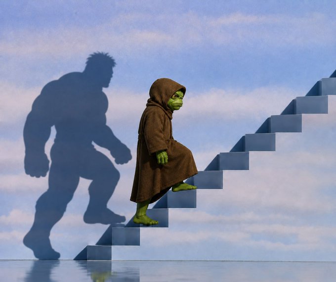 A small, green, hooded figure ascends a bright blue staircase, casting the shadow of a powerful, muscular figure, suggesting that potential is built one step at a time.